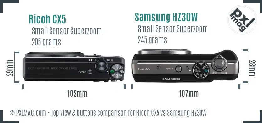 Ricoh CX5 vs Samsung HZ30W top view buttons comparison
