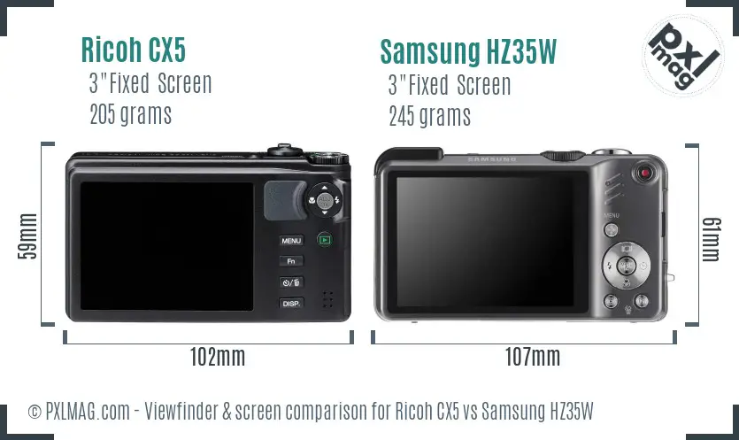 Ricoh CX5 vs Samsung HZ35W Screen and Viewfinder comparison
