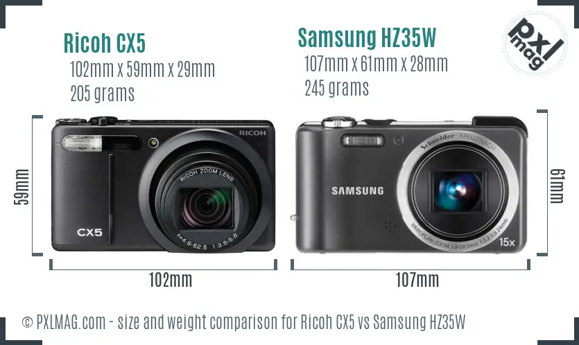Ricoh CX5 vs Samsung HZ35W size comparison
