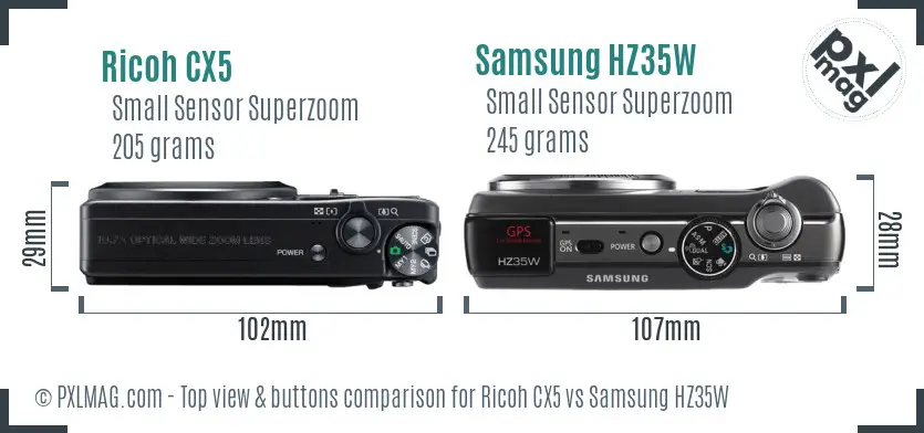 Ricoh CX5 vs Samsung HZ35W top view buttons comparison