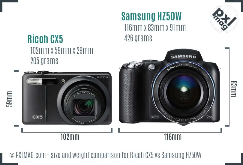 Ricoh CX5 vs Samsung HZ50W size comparison