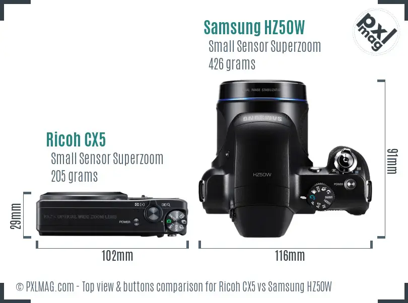 Ricoh CX5 vs Samsung HZ50W top view buttons comparison