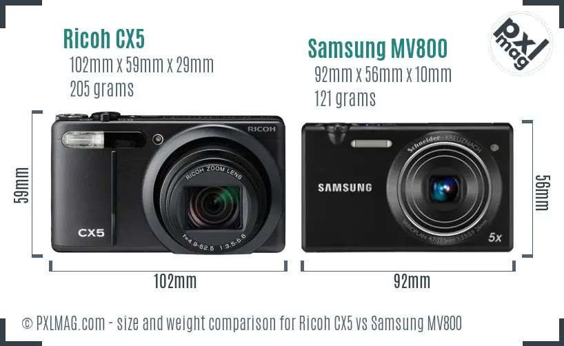 Ricoh CX5 vs Samsung MV800 size comparison