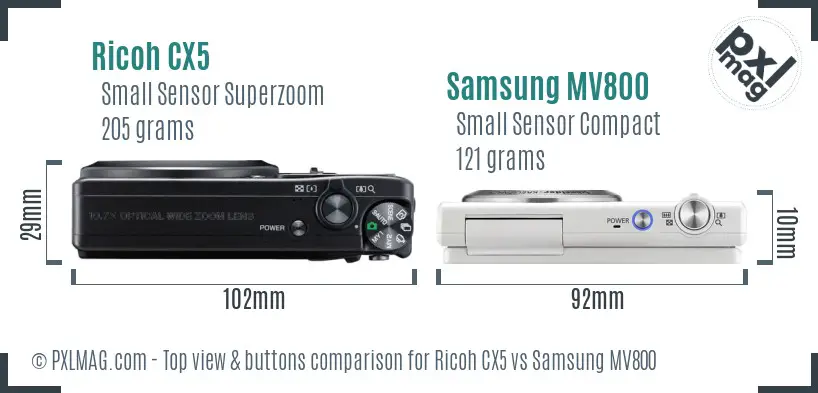Ricoh CX5 vs Samsung MV800 top view buttons comparison