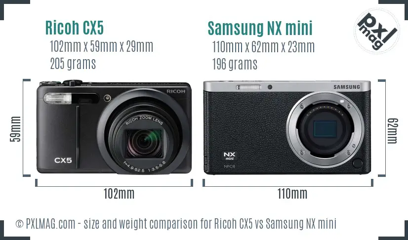 Ricoh CX5 vs Samsung NX mini size comparison
