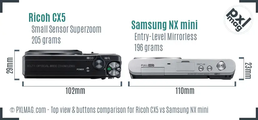 Ricoh CX5 vs Samsung NX mini top view buttons comparison