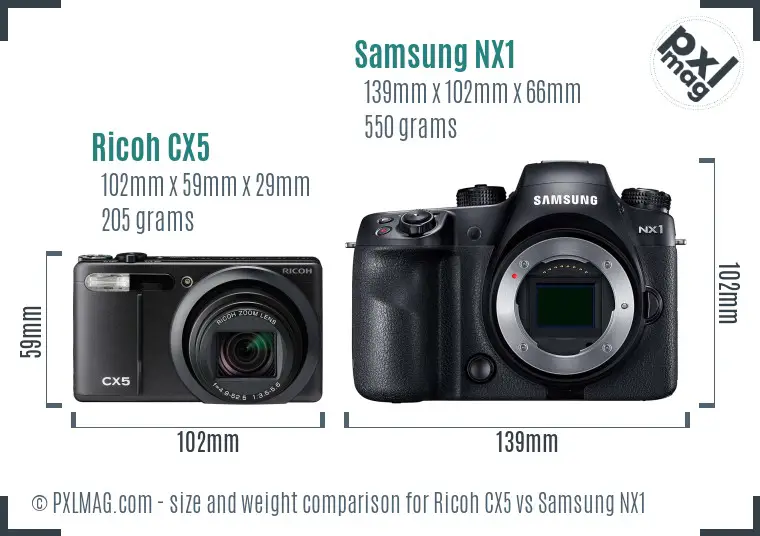 Ricoh CX5 vs Samsung NX1 size comparison
