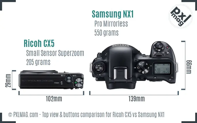 Ricoh CX5 vs Samsung NX1 top view buttons comparison