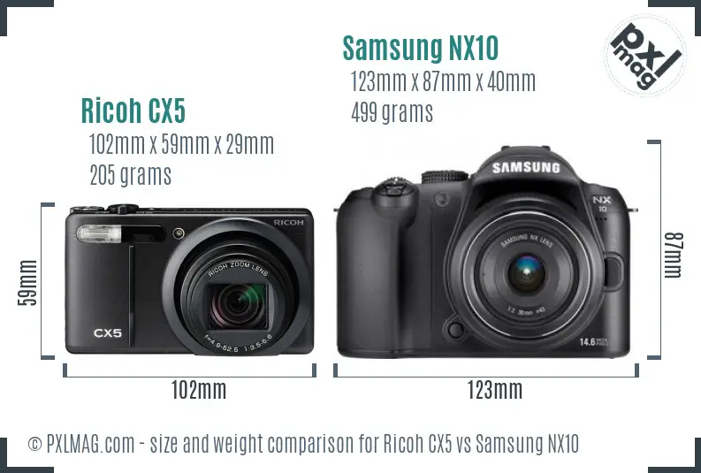 Ricoh CX5 vs Samsung NX10 size comparison