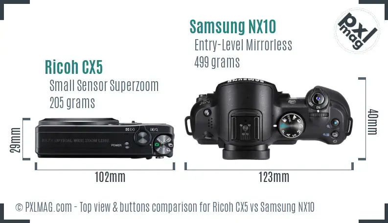 Ricoh CX5 vs Samsung NX10 top view buttons comparison