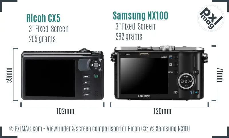 Ricoh CX5 vs Samsung NX100 Screen and Viewfinder comparison