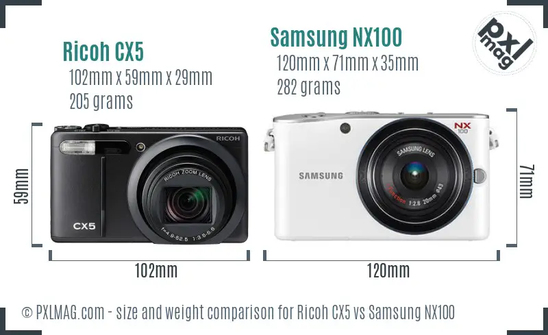 Ricoh CX5 vs Samsung NX100 size comparison