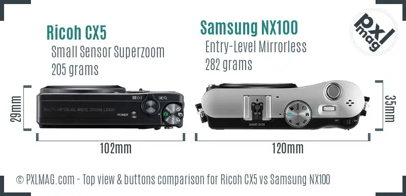 Ricoh CX5 vs Samsung NX100 top view buttons comparison