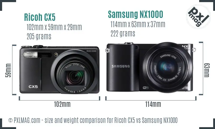 Ricoh CX5 vs Samsung NX1000 size comparison