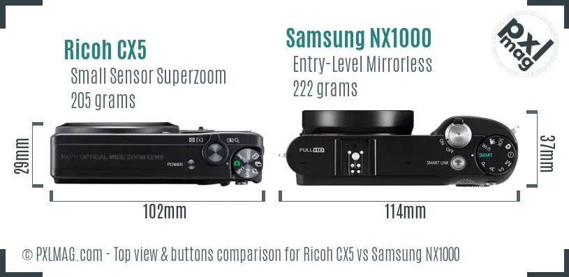 Ricoh CX5 vs Samsung NX1000 top view buttons comparison
