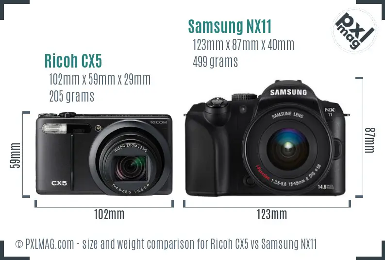 Ricoh CX5 vs Samsung NX11 size comparison