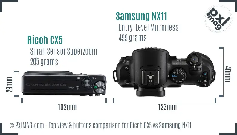 Ricoh CX5 vs Samsung NX11 top view buttons comparison