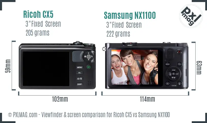 Ricoh CX5 vs Samsung NX1100 Screen and Viewfinder comparison