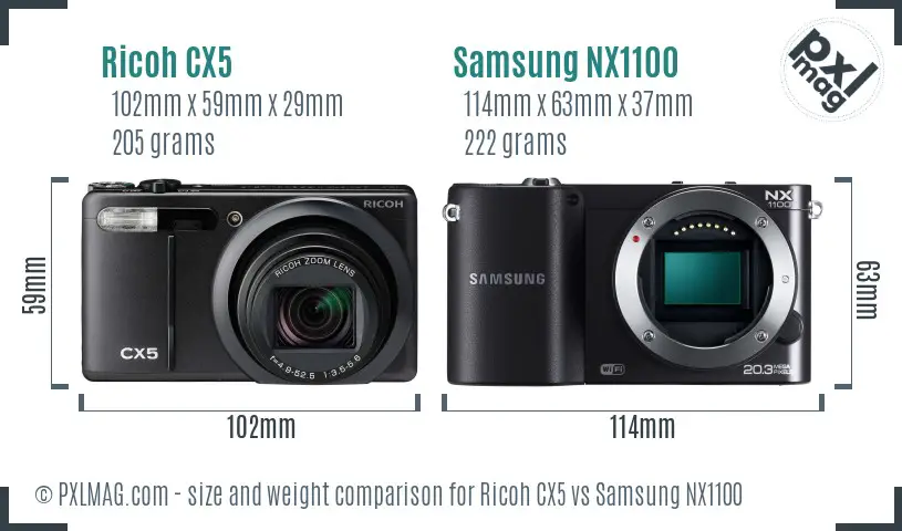 Ricoh CX5 vs Samsung NX1100 size comparison