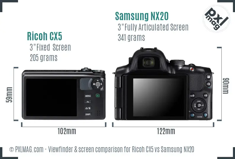Ricoh CX5 vs Samsung NX20 Screen and Viewfinder comparison