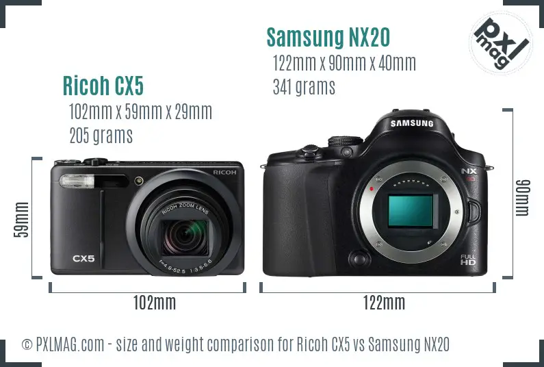 Ricoh CX5 vs Samsung NX20 size comparison