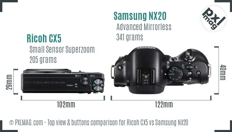 Ricoh CX5 vs Samsung NX20 top view buttons comparison