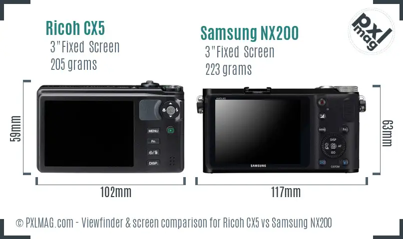 Ricoh CX5 vs Samsung NX200 Screen and Viewfinder comparison