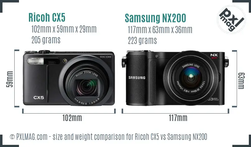 Ricoh CX5 vs Samsung NX200 size comparison