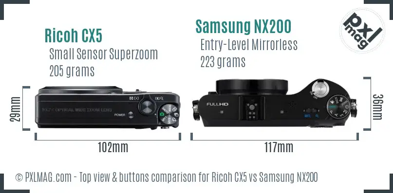 Ricoh CX5 vs Samsung NX200 top view buttons comparison