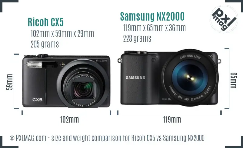 Ricoh CX5 vs Samsung NX2000 size comparison