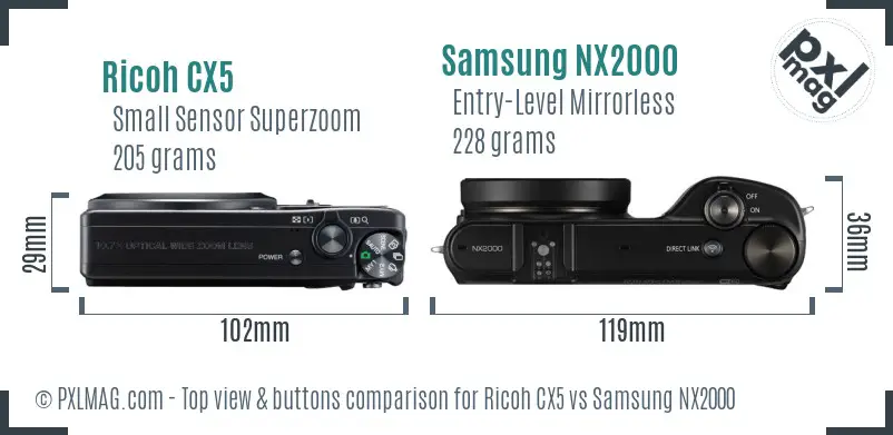 Ricoh CX5 vs Samsung NX2000 top view buttons comparison
