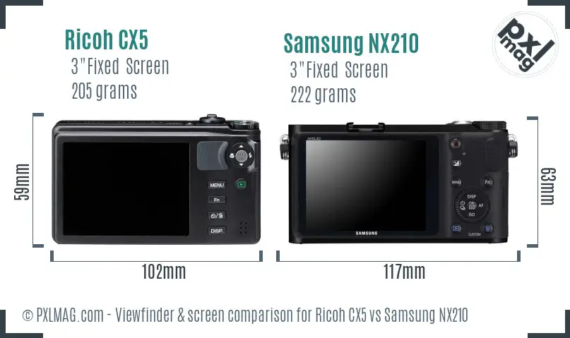 Ricoh CX5 vs Samsung NX210 Screen and Viewfinder comparison