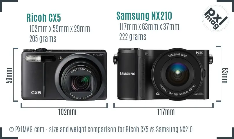 Ricoh CX5 vs Samsung NX210 size comparison