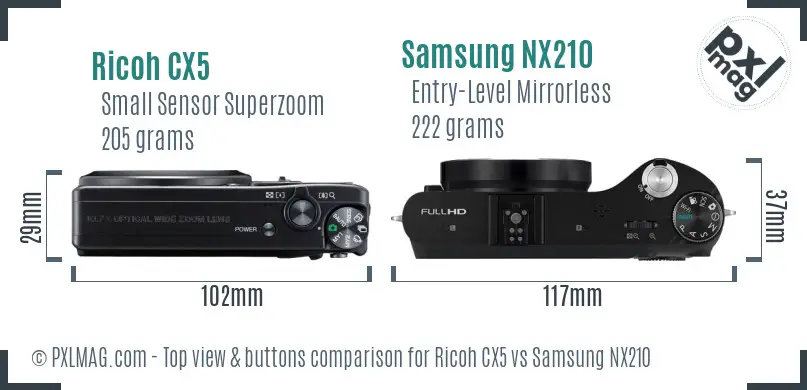 Ricoh CX5 vs Samsung NX210 top view buttons comparison
