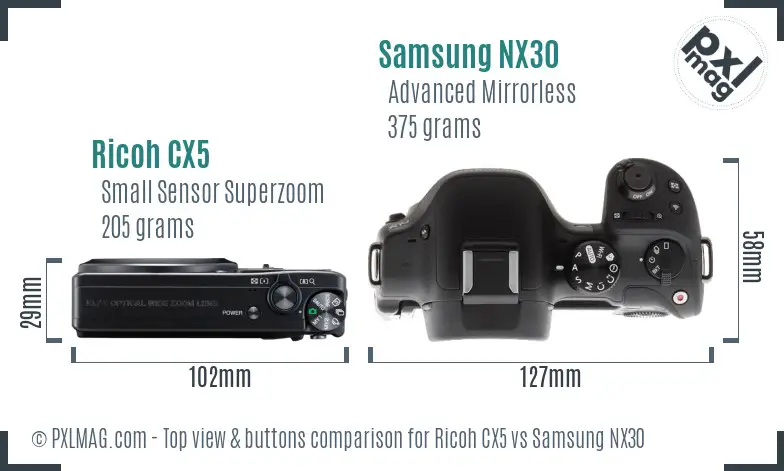 Ricoh CX5 vs Samsung NX30 top view buttons comparison