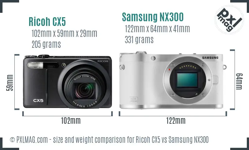 Ricoh CX5 vs Samsung NX300 size comparison