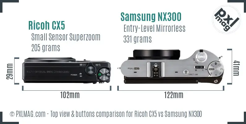 Ricoh CX5 vs Samsung NX300 top view buttons comparison