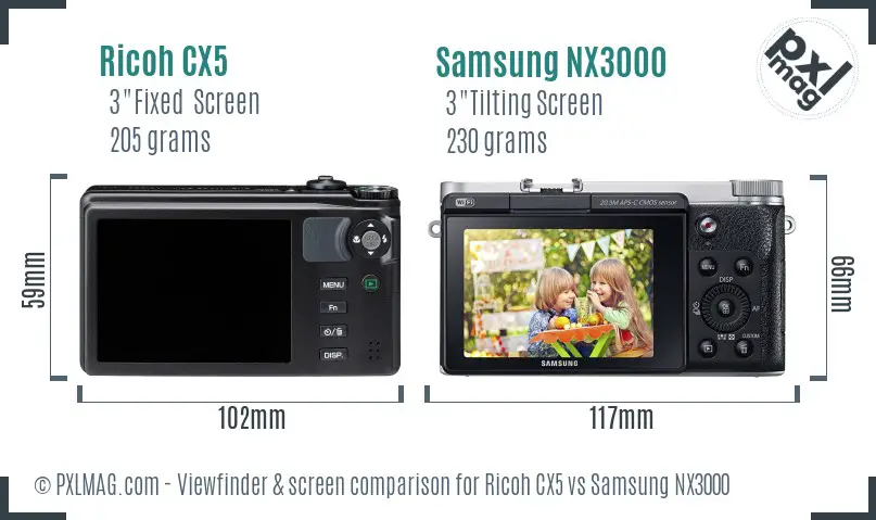 Ricoh CX5 vs Samsung NX3000 Screen and Viewfinder comparison