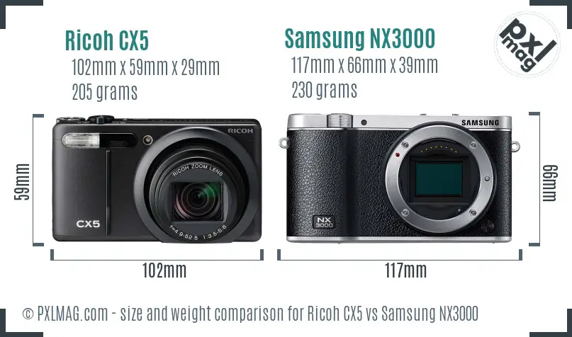 Ricoh CX5 vs Samsung NX3000 size comparison