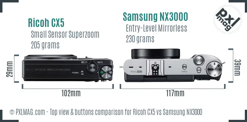 Ricoh CX5 vs Samsung NX3000 top view buttons comparison