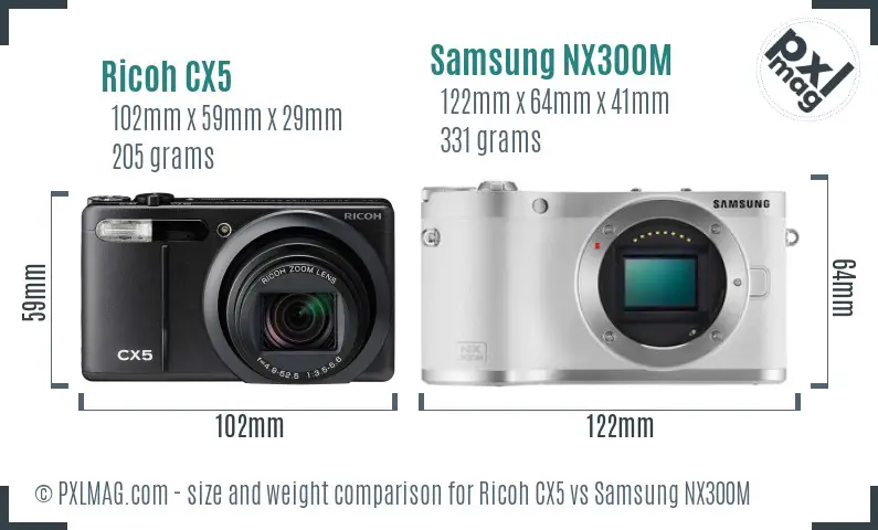Ricoh CX5 vs Samsung NX300M size comparison
