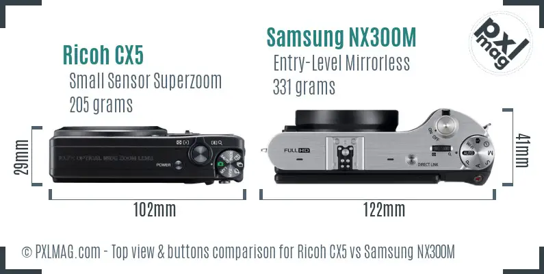 Ricoh CX5 vs Samsung NX300M top view buttons comparison