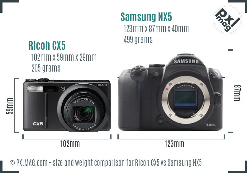 Ricoh CX5 vs Samsung NX5 size comparison