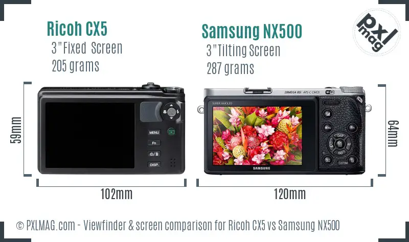 Ricoh CX5 vs Samsung NX500 Screen and Viewfinder comparison