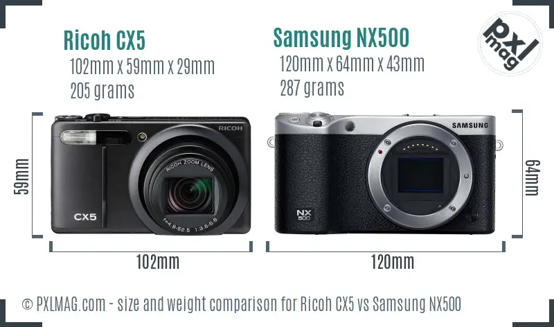 Ricoh CX5 vs Samsung NX500 size comparison