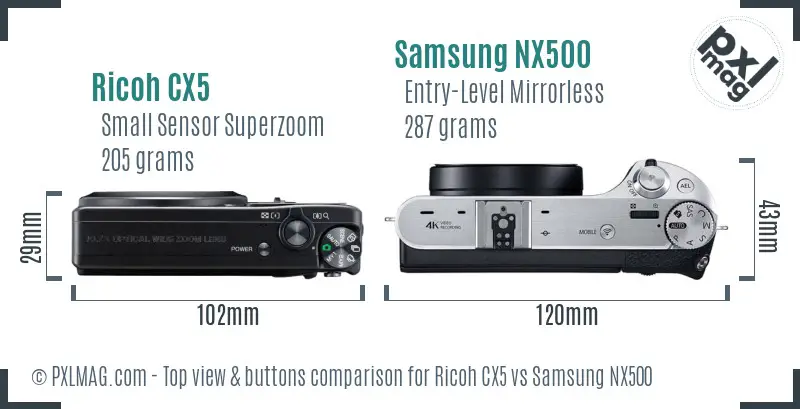 Ricoh CX5 vs Samsung NX500 top view buttons comparison