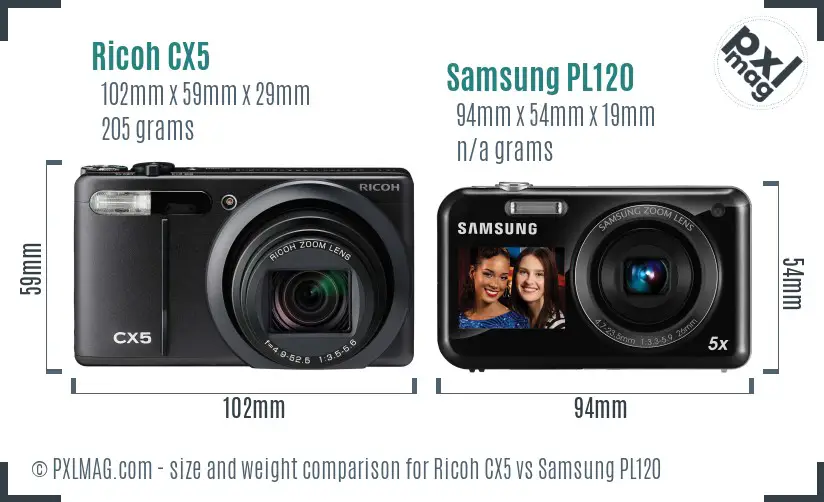 Ricoh CX5 vs Samsung PL120 size comparison