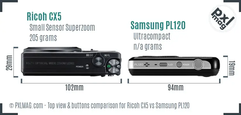 Ricoh CX5 vs Samsung PL120 top view buttons comparison