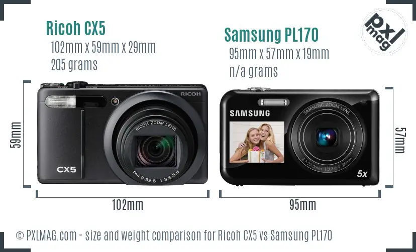 Ricoh CX5 vs Samsung PL170 size comparison Ricoh CX5 vs Samsung PL170 size comparison