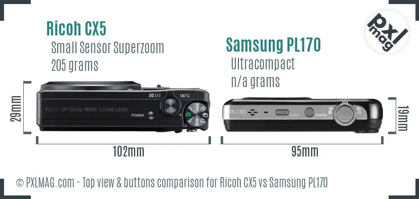 Ricoh CX5 vs Samsung PL170 top view buttons comparison Ricoh CX5 vs Samsung PL170 top view buttons comparison